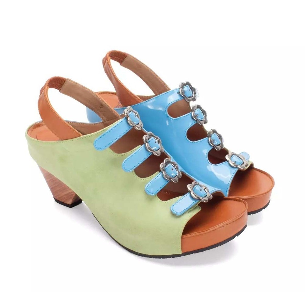 John Fluevog Levi Sandals Size 8 Blue Green Flower Buckle Patent Suede Slingback